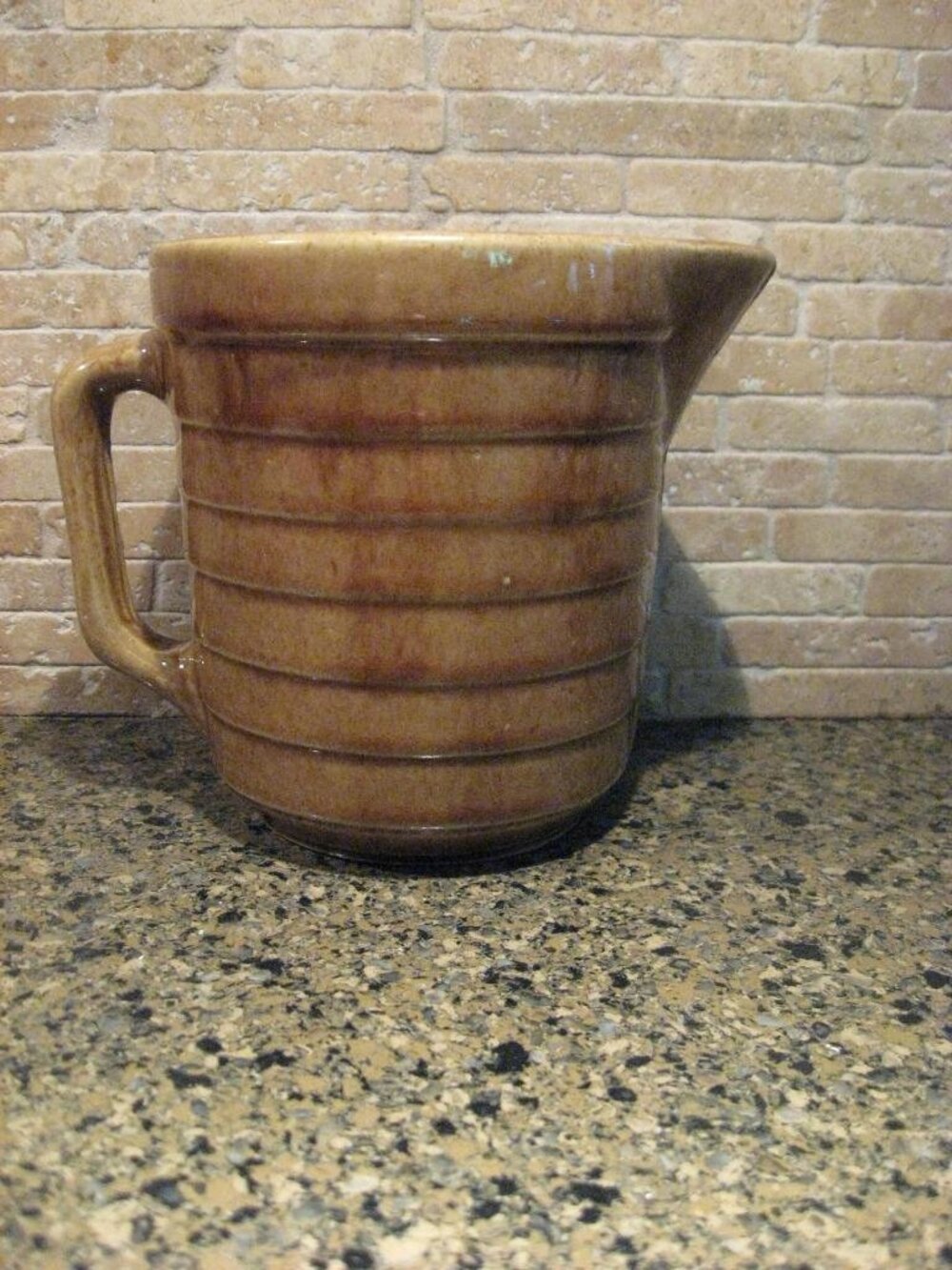 BROWN STONEWARE HORIZONTAL RIBBED SMALL MILK / JUICE PITCHER